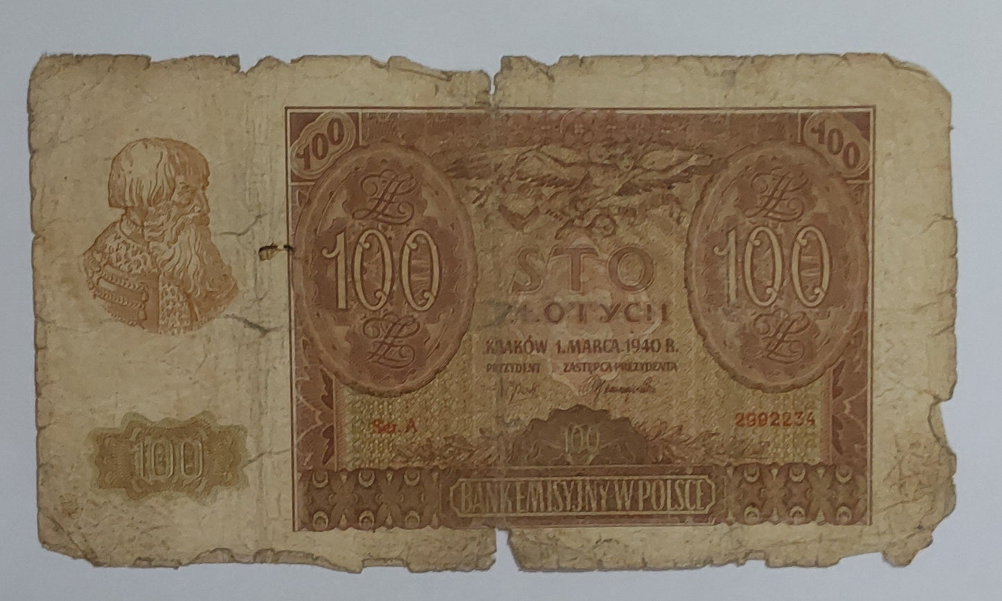 Poland 100 Zlotys (German occupation) 1940 P97 Heavyly Used note ending serial no:234 - ZealHobbieZ