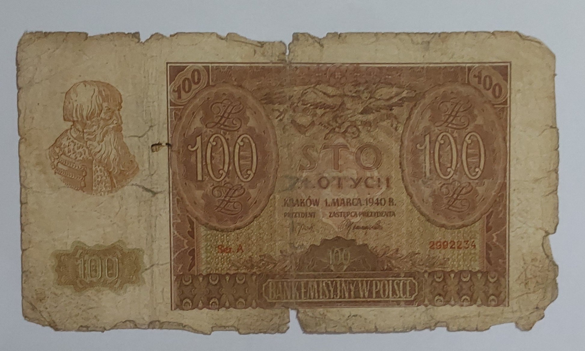 Poland 100 Zlotys (German occupation) 1940 P97 Heavyly Used note ending serial no:234 - ZealHobbieZ