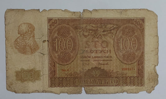 Poland 100 Zlotys (German occupation) 1940 P97 Heavyly Used note ending serial no:234 - ZealHobbieZ
