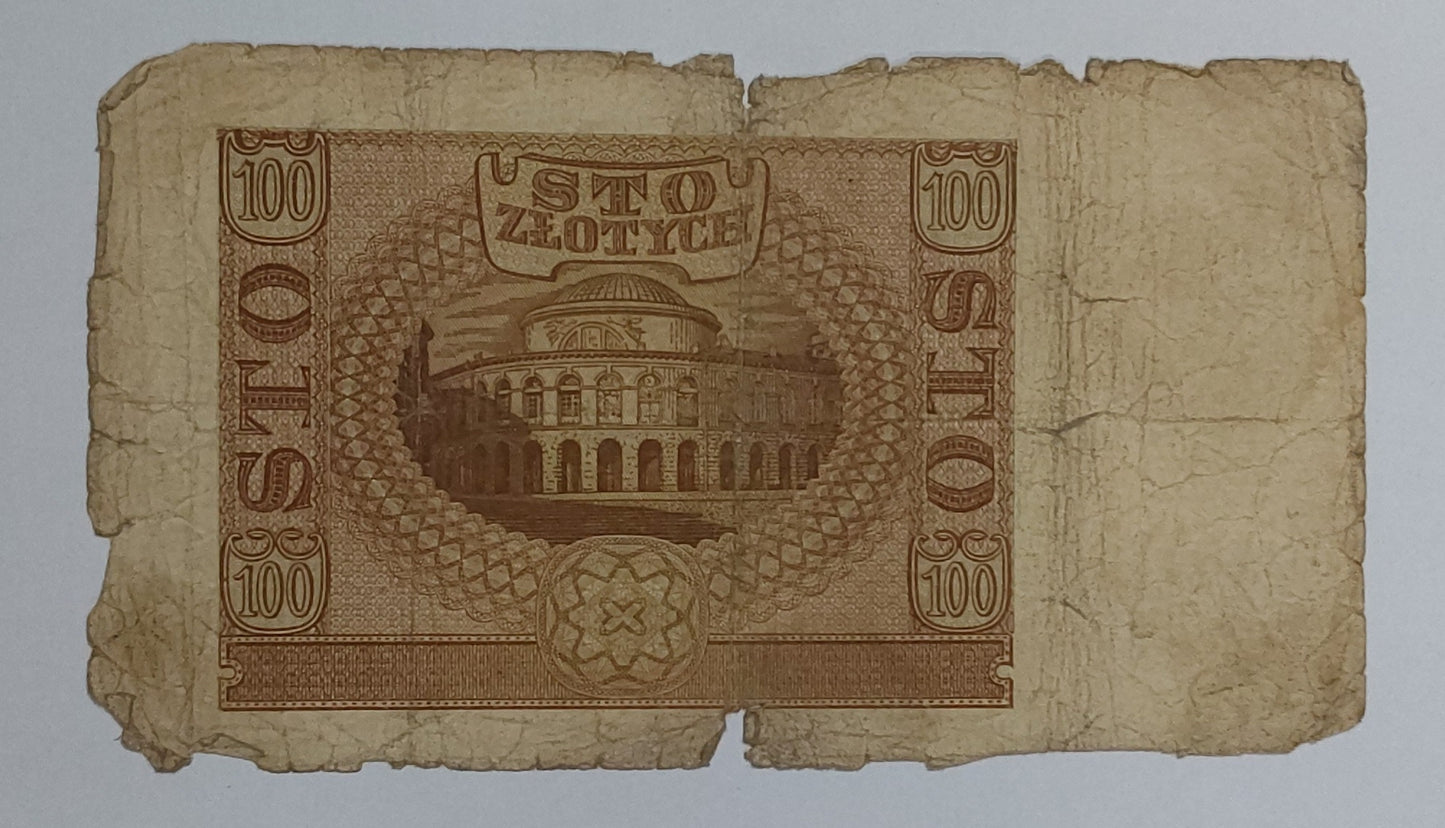 Poland 100 Zlotys (German occupation) 1940 P97 Heavyly Used note ending serial no:234 - ZealHobbieZ