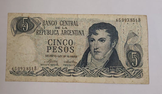 Argentina 5 Peso 1974-76 Used P294 - ZealHobbieZ