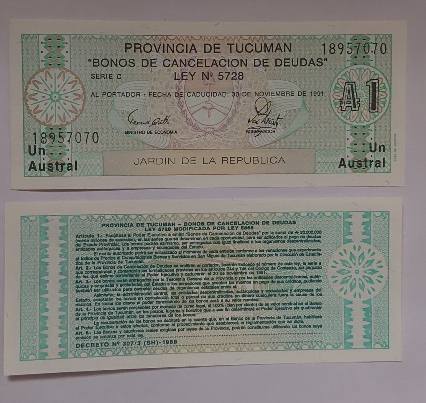 Argentina TUCUMAN 1 Austral UNC 1991 - ZealHobbieZ