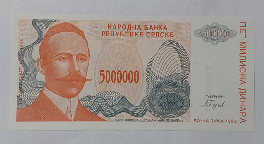 Bosnia and Herzegovina ( 	Republic of Srpska) 5 000 000 Dinara 1993 P156 UNC - ZealHobbieZ