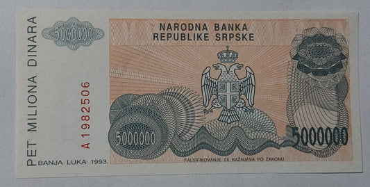 Bosnia and Herzegovina ( 	Republic of Srpska) 5 000 000 Dinara 1993 P156 UNC - ZealHobbieZ