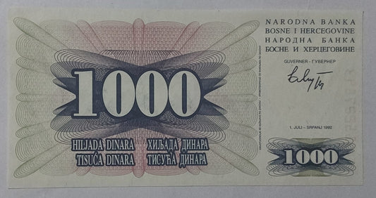 Bosnia and Herzegovina 1000 Dinars UNC 1992 P15 - ZealHobbieZ