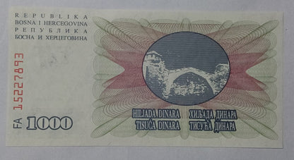 Bosnia and Herzegovina 1000 Dinars UNC 1992 P15 - ZealHobbieZ