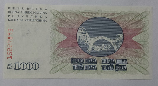 Bosnia and Herzegovina 1000 Dinars UNC 1992 P15 - ZealHobbieZ