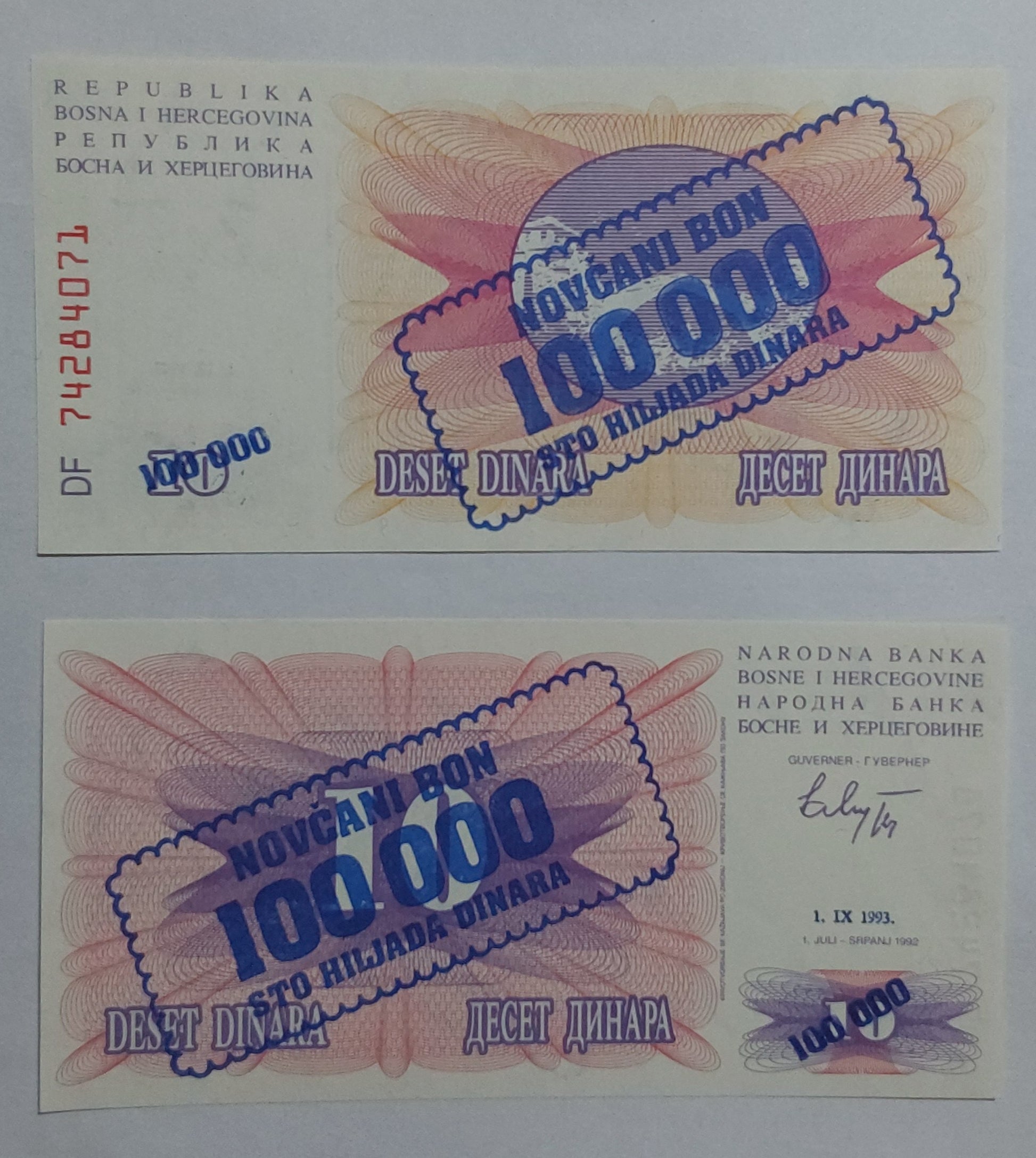 Bosnia and Herzegovina 100000Dinara sealed in 10Dinara UNC 1993 P34a - ZealHobbieZ