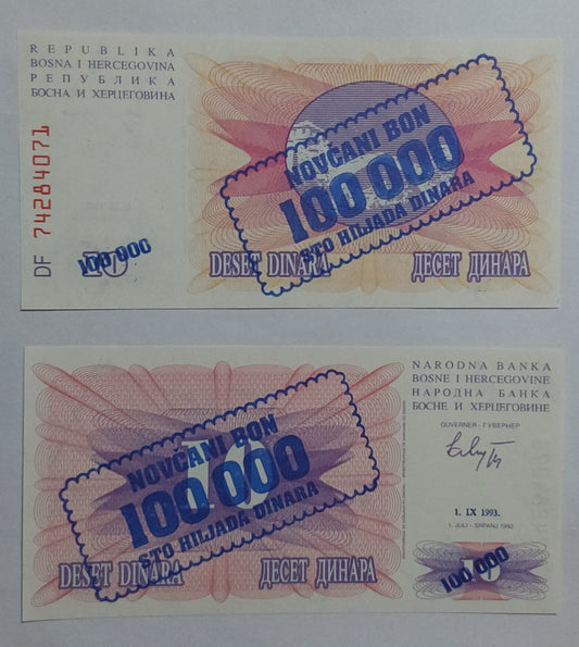 Bosnia and Herzegovina 100000Dinara sealed in 10Dinara UNC 1993 P34a - ZealHobbieZ