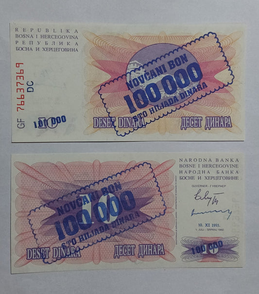 Bosnia and Herzegovina 100000Dinara sealed in 10Dinara UNC 1993 P34b - ZealHobbieZ
