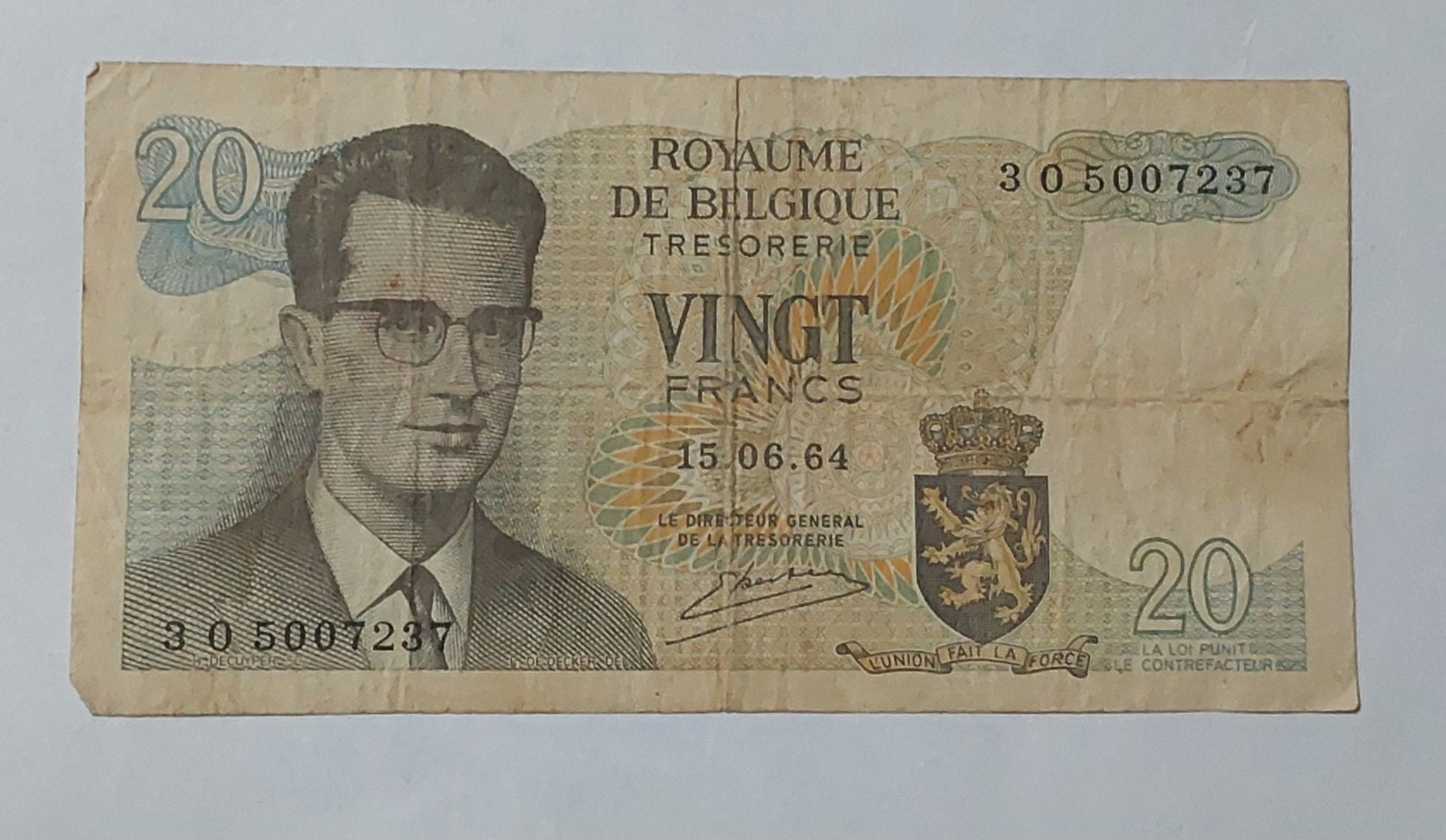 Belgium 20 Francs - Baudouin I 1964 P138 Used note ending serial no: 7237 - ZealHobbieZ