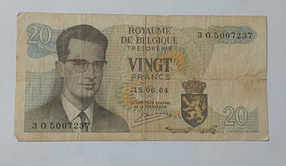 Belgium 20 Francs - Baudouin I 1964 P138 Used note ending serial no: 7237 - ZealHobbieZ
