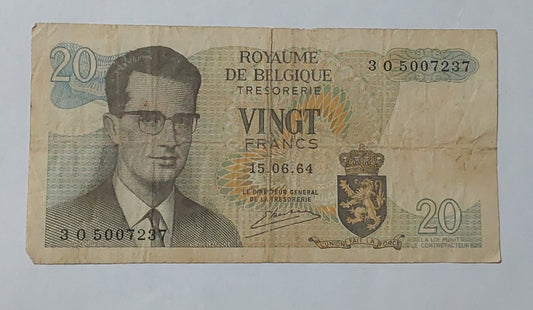 Belgium 20 Francs - Baudouin I 1964 P138 Used note ending serial no: 7237 - ZealHobbieZ
