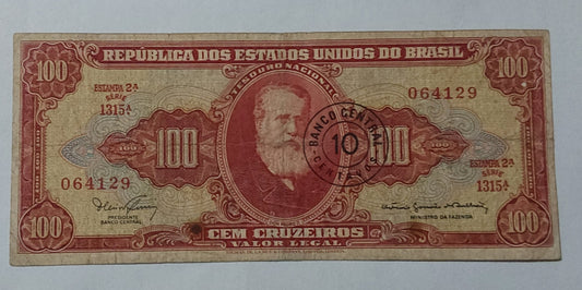 Brazil 100 Cruzeiros Stamped 10 1966-67 Centavos Used note ending 4129 P185 - ZealHobbieZ