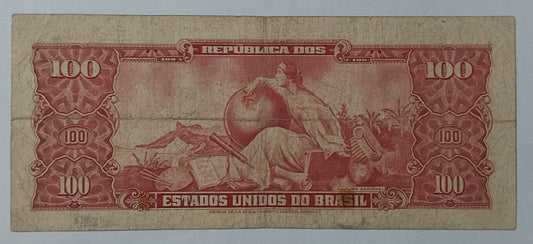 Brazil 100 Cruzeiros Stamped 10 1966-67 Centavos Used note ending 4129 P185 - ZealHobbieZ