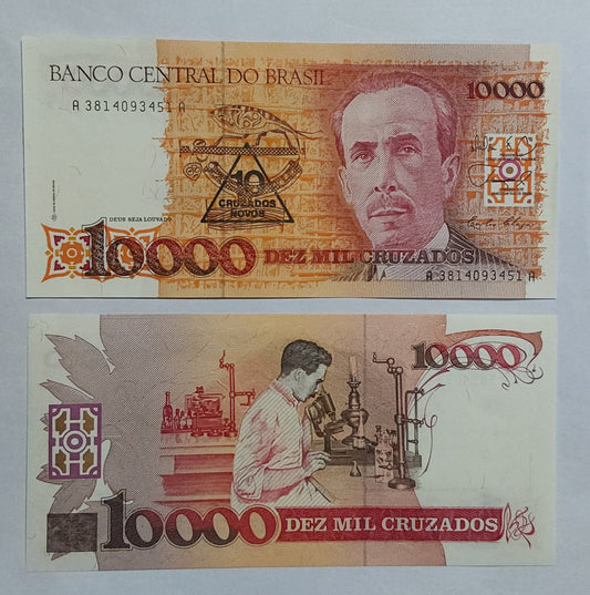 Brazil 10000 Cruzados Overprint 10 Cruzados UNC P218 1990 - ZealHobbieZ