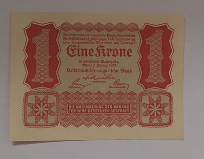 Austria 1 Krone UNC 1922 P73 ( Uniface note ) - ZealHobbieZ