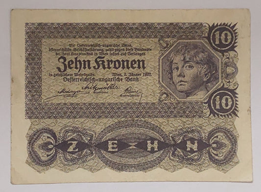 Austria 10 Kronen 1922 P75 Used note - ZealHobbieZ