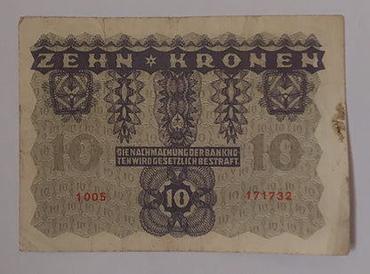Austria 10 Kronen 1922 P75 Used note - ZealHobbieZ