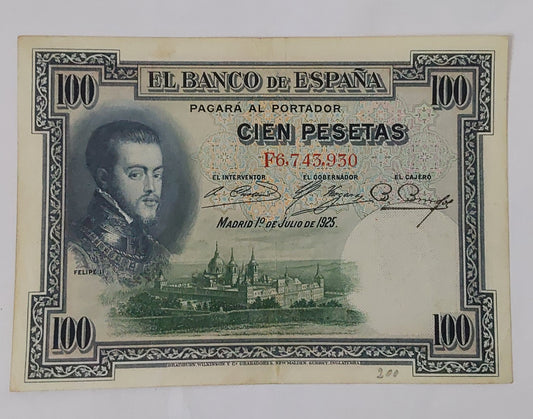 Spain 100 Pesetas Used note 1925 P69 ending serial number 930 - ZealHobbieZ