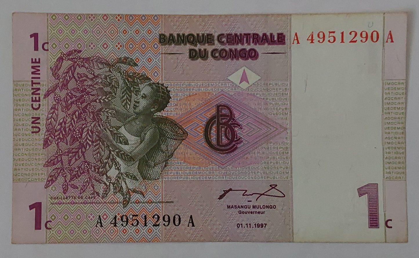 Congo, Democratic Republic of the 1 Centime 1997 P80 Used note ending serial no:290 - ZealHobbieZ