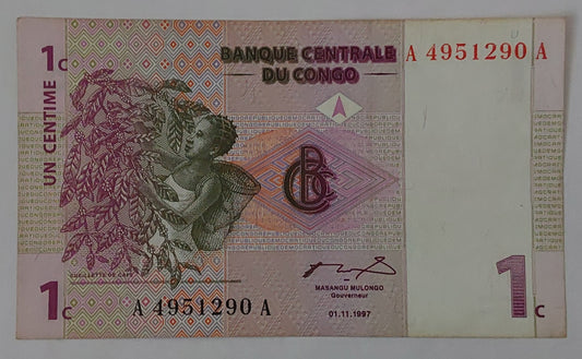 Congo, Democratic Republic of the 1 Centime 1997 P80 Used note ending serial no:290 - ZealHobbieZ