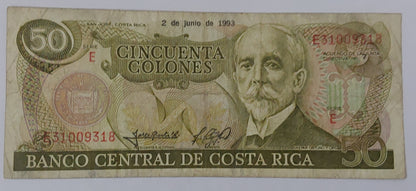 Costa Rica 50 Colones (Series E) 1993 P257 Used - ZealHobbieZ