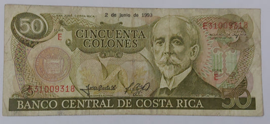 Costa Rica 50 Colones (Series E) 1993 P257 Used - ZealHobbieZ