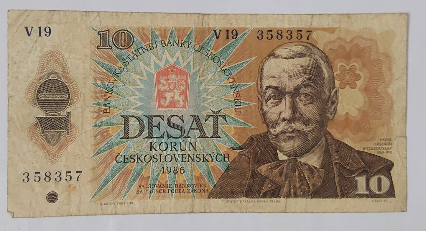Czechoslovakia 10 Korun 1986 P94 Used note ending serial no:357 - ZealHobbieZ