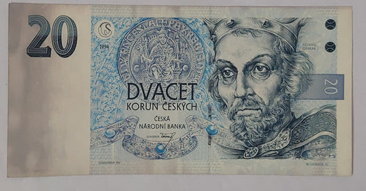 Czech Republic 20 Korun 1994 P10 Used note ending serial no: 376 - ZealHobbieZ