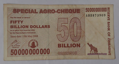 Zimbabwe 50 000 000 000 Dollars (50 Billion) (Special Agro-Cheque)Used note ending serial no:909 - ZealHobbieZ