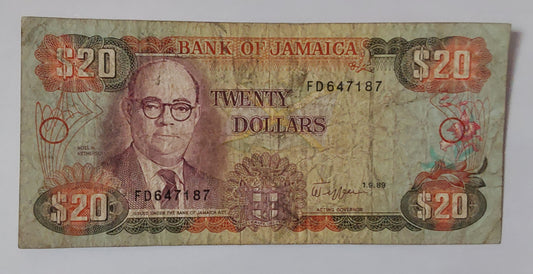 Jamaica 20 Dollars 1989 P72c Used note ending serial no: 187 - ZealHobbieZ