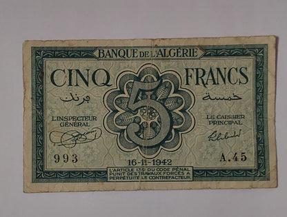 Algeria 5 Francs Heavily Used note 1942 P91 Used note ending serial no:993 (small size) - ZealHobbieZ