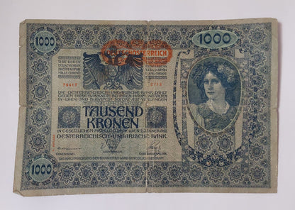 Austria 1000 kronor 1920 P61 heavily Used note ending serial no: 417 (large size) - ZealHobbieZ