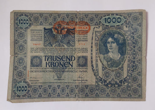 Austria 1000 kronor 1920 P61 heavily Used note ending serial no: 417 (large size) - ZealHobbieZ