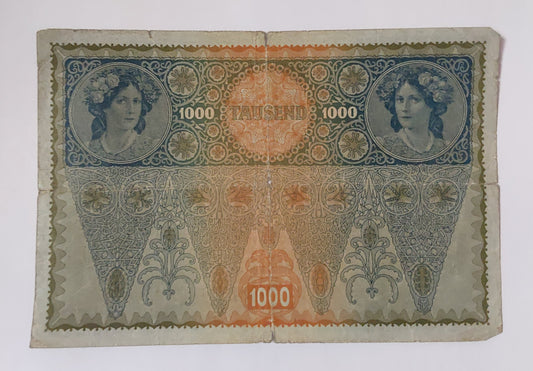 Austria 1000 kronor 1920 P61 heavily Used note ending serial no: 417 (large size) - ZealHobbieZ