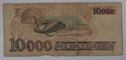 Brazil 10000 Cruziros 1993 P233 heavily Used note ending serial no: 565 - ZealHobbieZ
