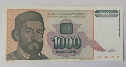 Yugoslavia 1000 Dinara 1994 Used P140 ending serial no: 982 - ZealHobbieZ
