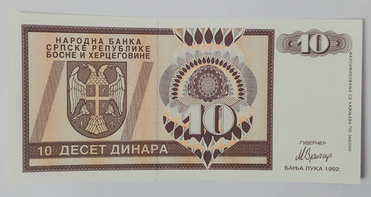 Bosnia and Herzegovina ( 	Republic of Srpska)10 Dinara 1992 P133 UNC - ZealHobbieZ
