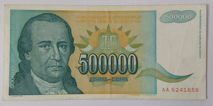 Yugoslavia 500 000 Dinara 1993 P131 Used note ending serial no: 656 - ZealHobbieZ