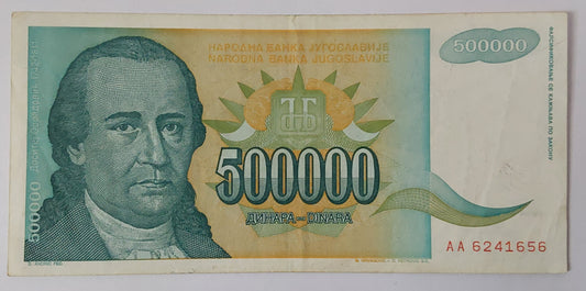 Yugoslavia 500 000 Dinara 1993 P131 Used note ending serial no: 656 - ZealHobbieZ