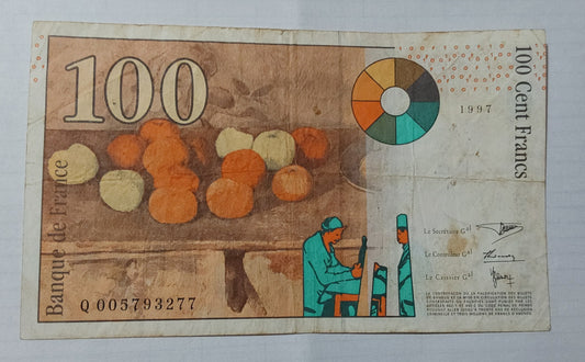 France 100 Francs Cézanne 1997 P158 Used note ending serial no:277 - ZealHobbieZ
