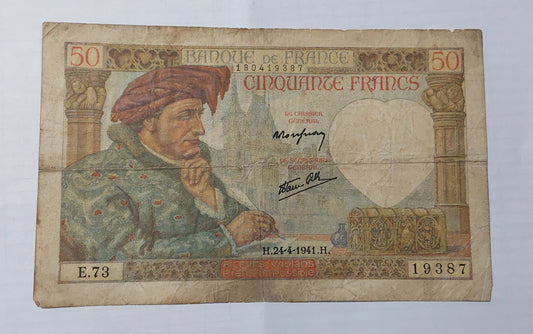 France 50 Francs (Jacques Coeur) 1941 P93 Used note ending serial no: 387 - ZealHobbieZ