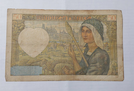 France 50 Francs (Jacques Coeur) 1941 P93 Used note ending serial no: 387 - ZealHobbieZ