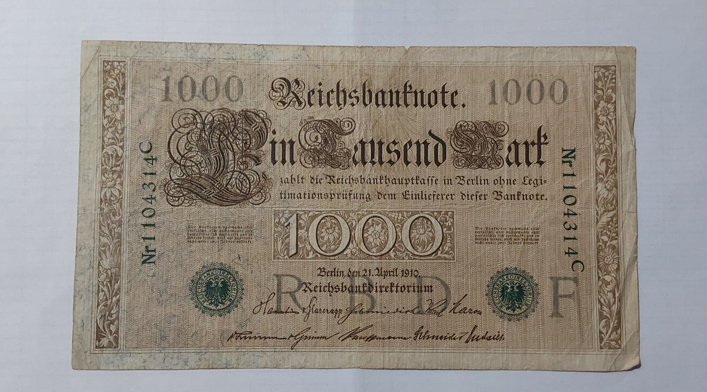 Germany 1000 mark 1910 P45 Green Seal (heavily Used note) ending serial no 314 - ZealHobbieZ
