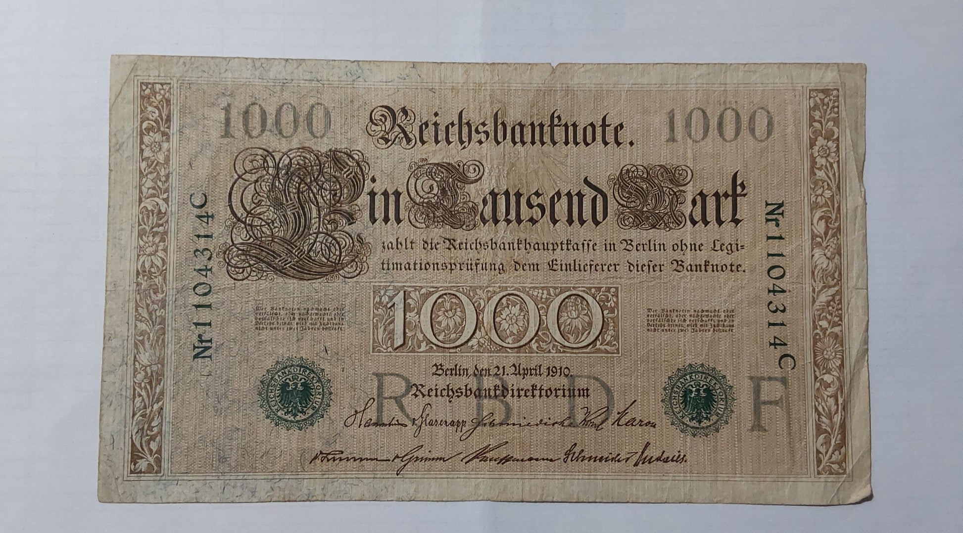 Germany 1000 mark 1910 P45 Green Seal (heavily Used note) ending serial no 314 - ZealHobbieZ