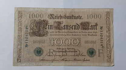 Germany 1000 mark 1910 P45 Green Seal (heavily Used note) ending serial no 314 - ZealHobbieZ