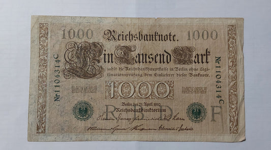 Germany 1000 mark 1910 P45 Green Seal (heavily Used note) ending serial no 314 - ZealHobbieZ