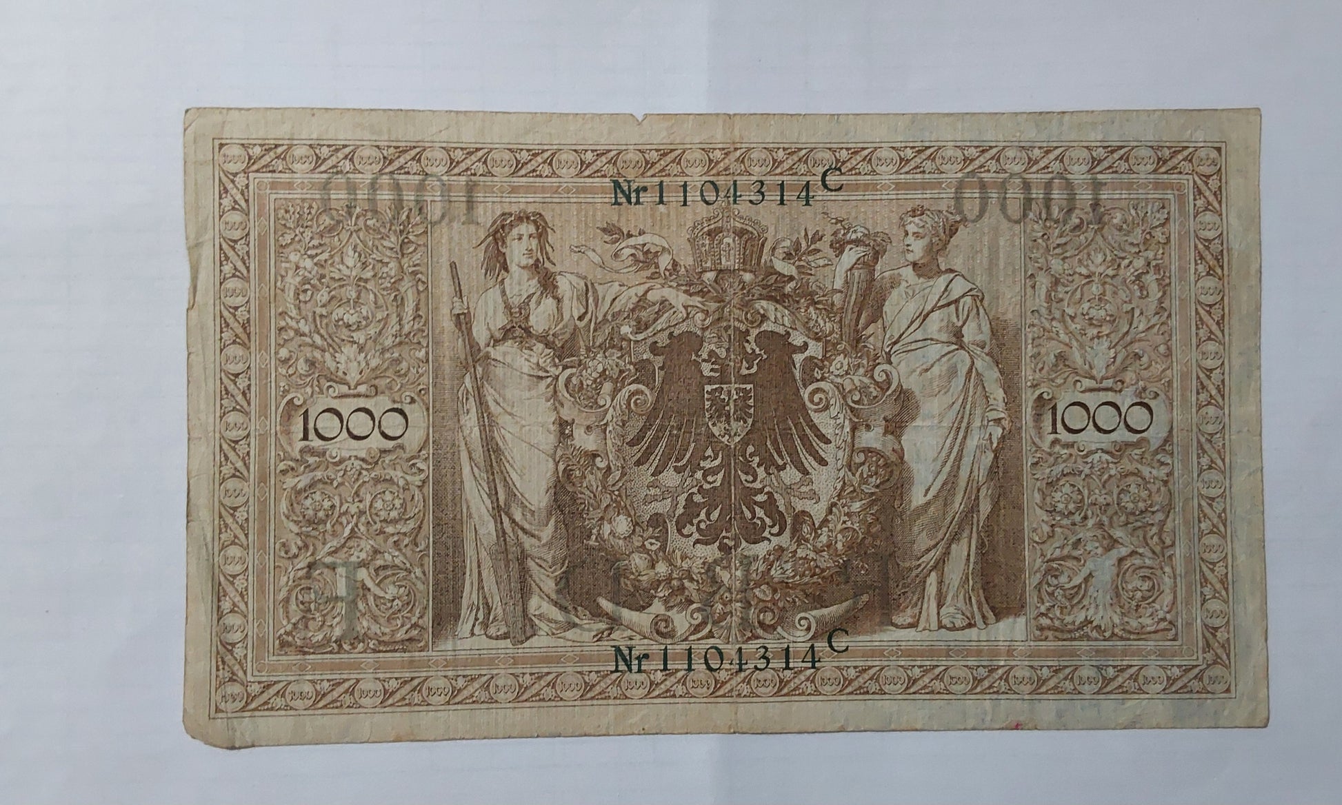 Germany 1000 mark 1910 P45 Green Seal (heavily Used note) ending serial no 314 - ZealHobbieZ