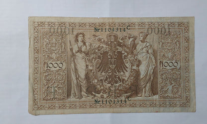 Germany 1000 mark 1910 P45 Green Seal (heavily Used note) ending serial no 314 - ZealHobbieZ